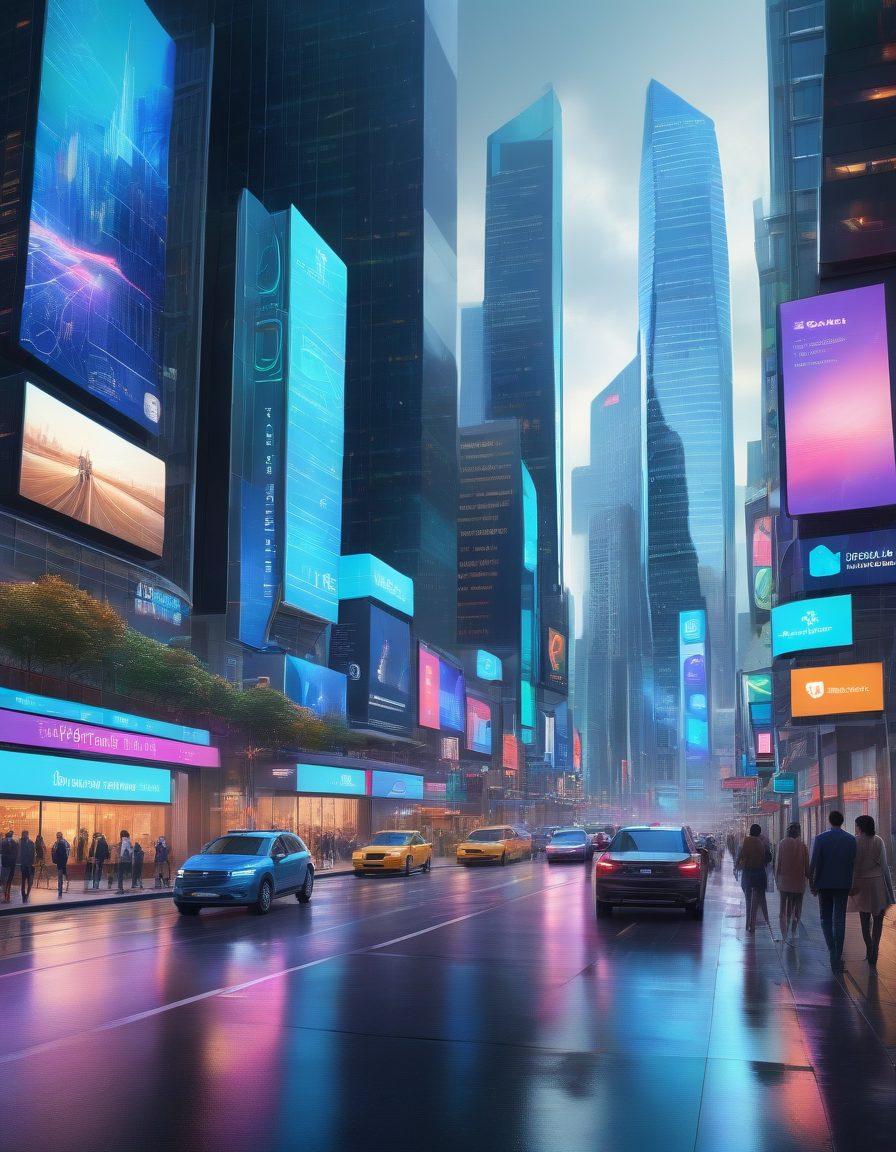 A futuristic cityscape with sleek digital screens displaying various insurance solutions, diverse people interacting with mobile devices, holographic interfaces showcasing data analytics, and a blend of advanced technology and trust symbols like shields and locks. The scene should convey innovation in the insurance sector. vibrant colors. super-realistic. 3D.