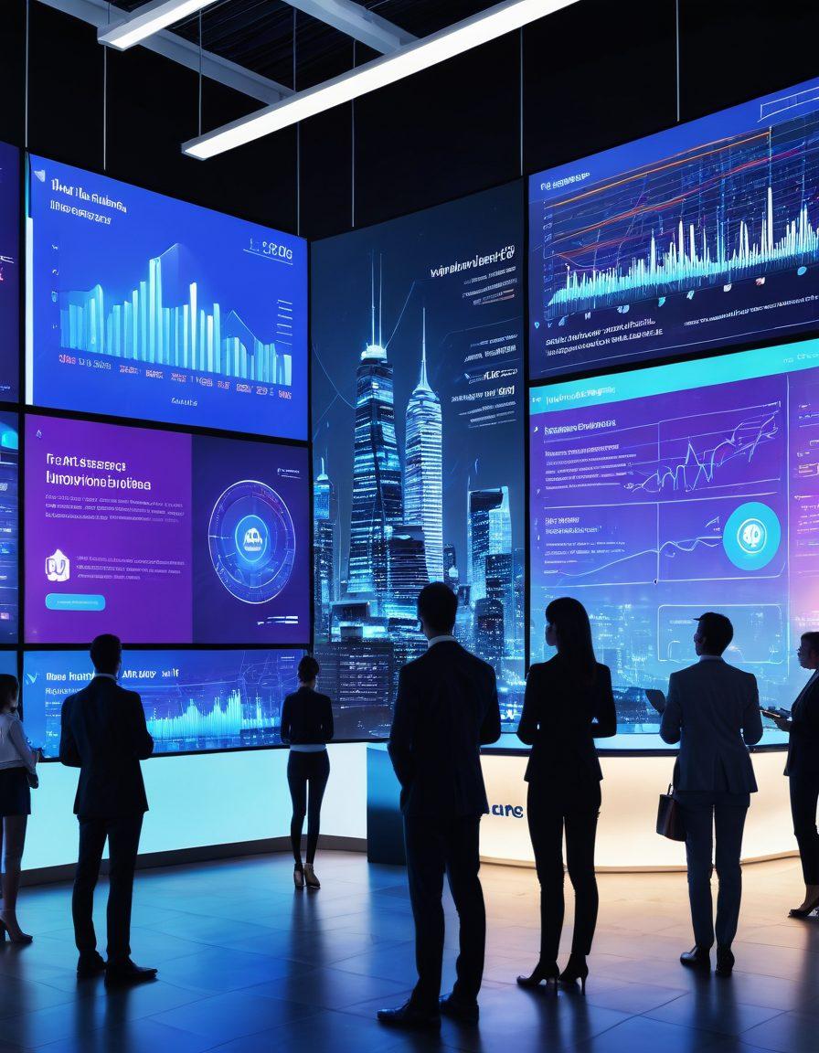 A modern digital landscape depicting a diverse group of people interacting with futuristic technology, showcasing digital insurance solutions. Include visual elements like flowing quotes transforming into insurance claims on screens, surrounded by streamlined gears and graphs symbolizing efficiency. The background should feature a city skyline representing innovation in the insurance industry. vibrant colors. super-realistic.